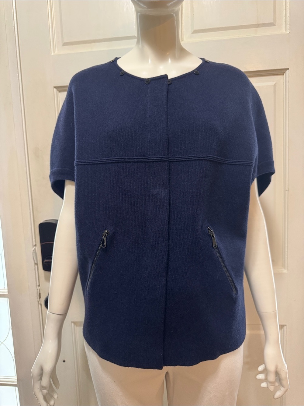 DOLCE CABO Navy Short-Sleeve Fleece Zip-Pocket Top Size S/M